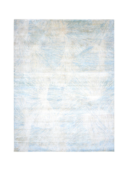 Ivory Blue and Grey Blended Silk Modern Abstract Handknotted Area Rug