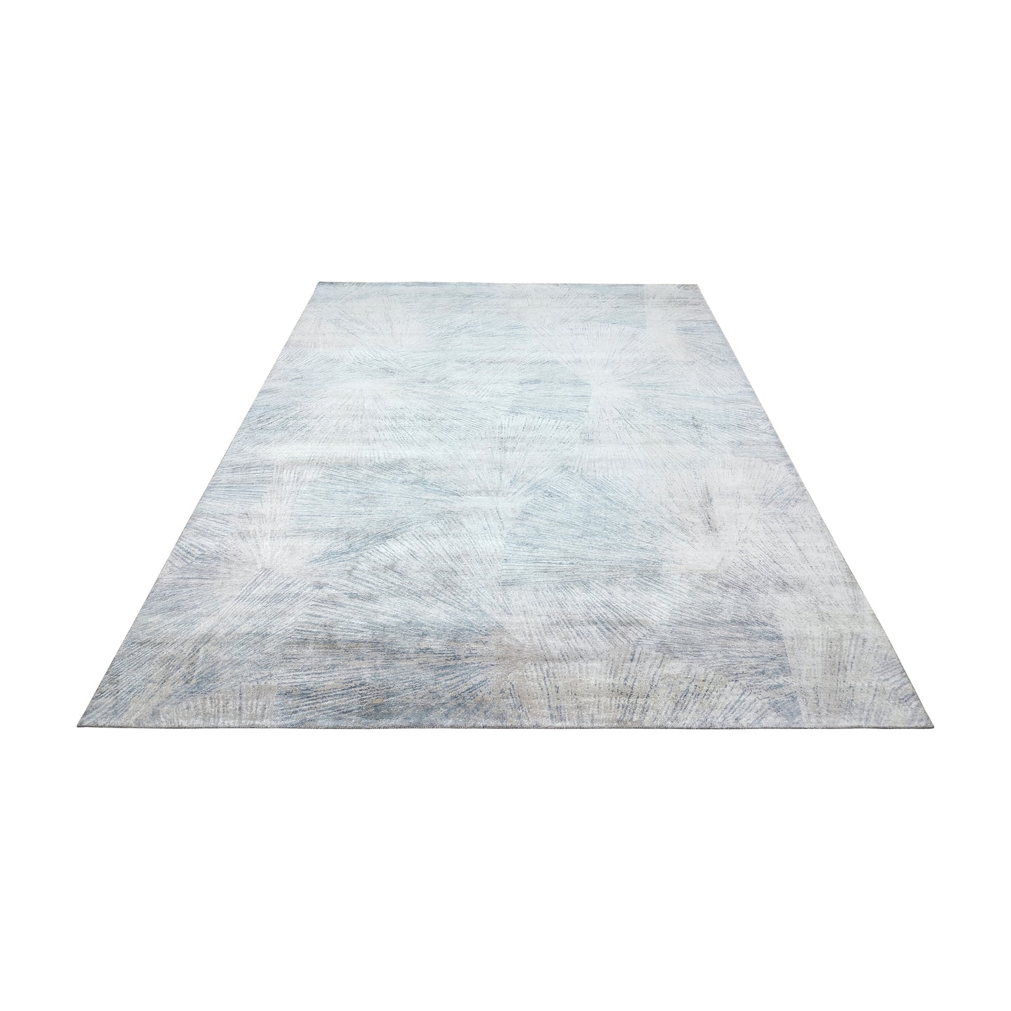 Ivory Blue and Grey Blended Silk Modern Abstract Handknotted Area Rug