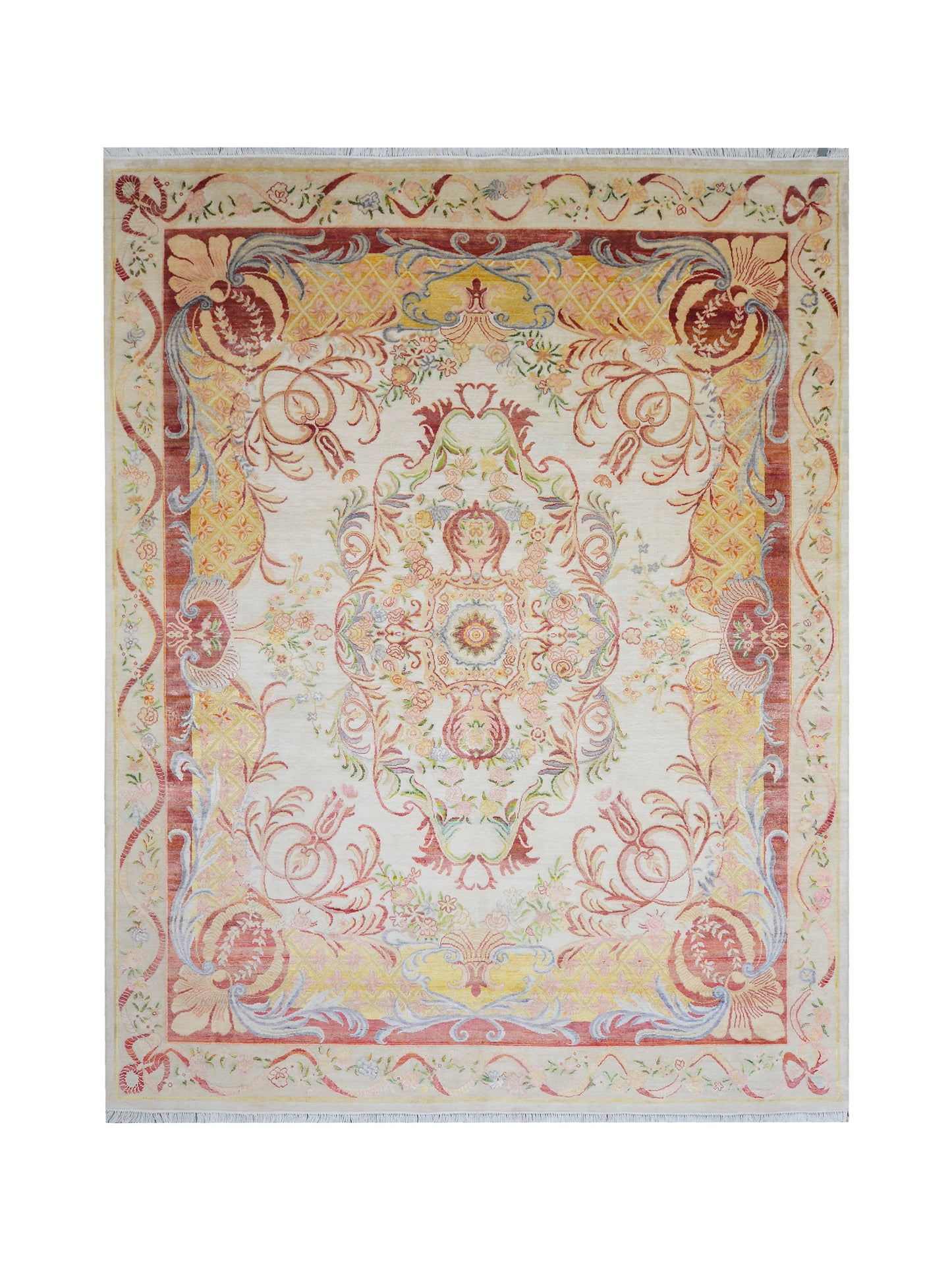 One of a Kind Ivory and Red Silk and Sari Silk Abusson Traditional Handknotted 9.0X11.9ft 275x359Cms Area Rug