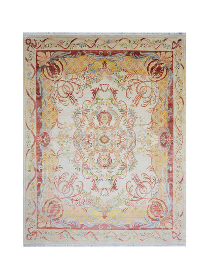 One of a Kind Ivory and Red Silk and Sari Silk Abusson Traditional Handknotted 9.0X11.9ft 275x359Cms Area Rug