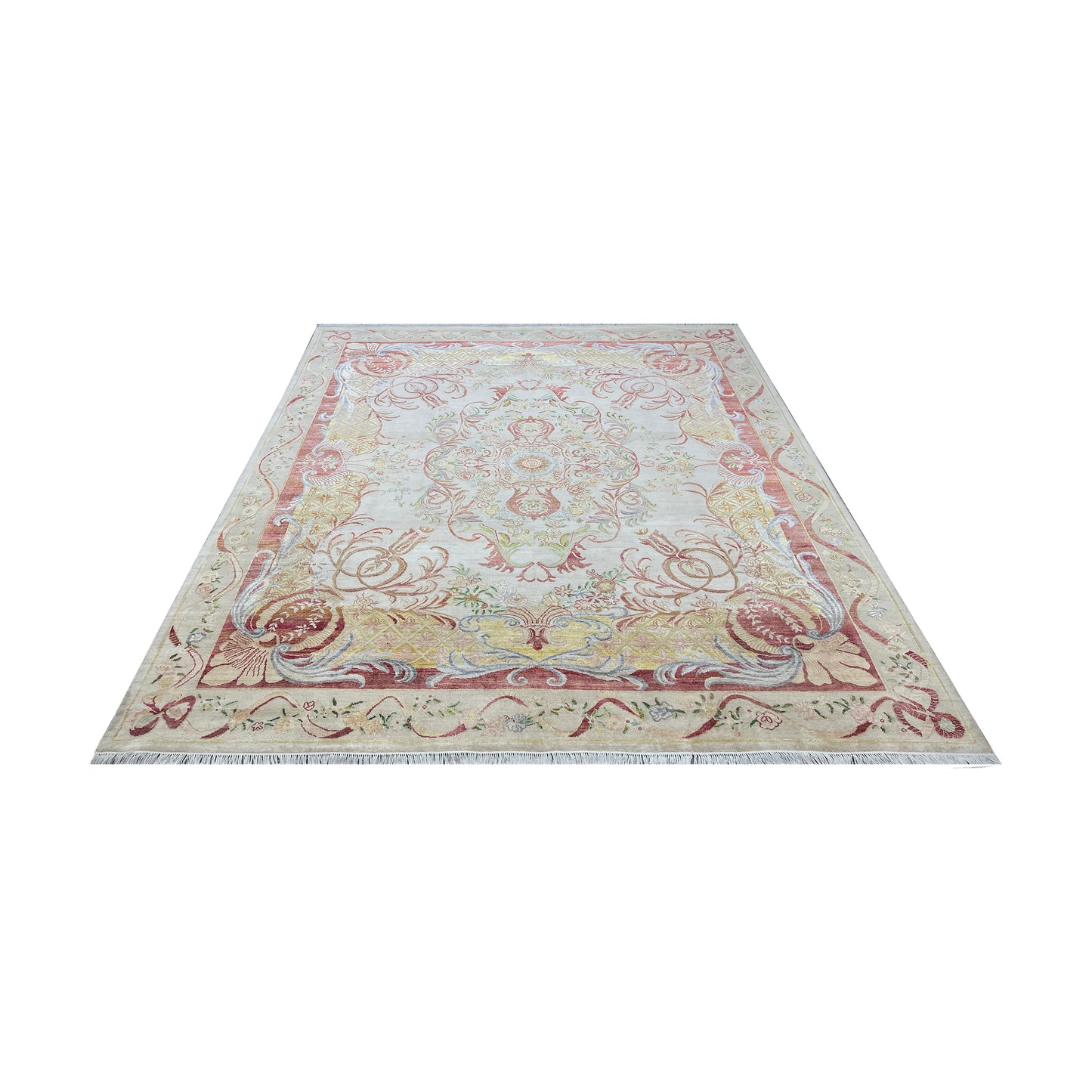 One of a Kind Ivory and Red Silk and Sari Silk Abusson Traditional Handknotted 9.0X11.9ft 275x359Cms Area Rug