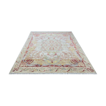 One of a Kind Ivory and Red Silk and Sari Silk Abusson Traditional Handknotted 9.0X11.9ft 275x359Cms Area Rug