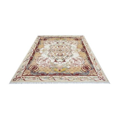 One of a Kind Ivory and Red Silk and Sari Silk Abusson Traditional Handknotted 9.0X11.9ft 275x359Cms Area Rug