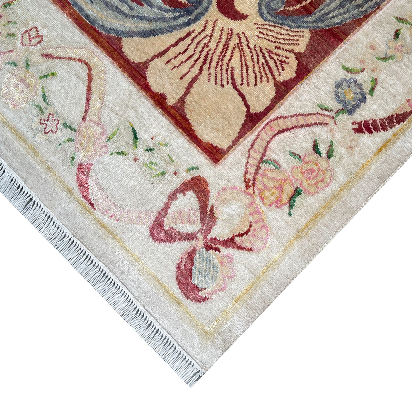 One of a Kind Ivory and Red Silk and Sari Silk Abusson Traditional Handknotted 9.0X11.9ft 275x359Cms Area Rug