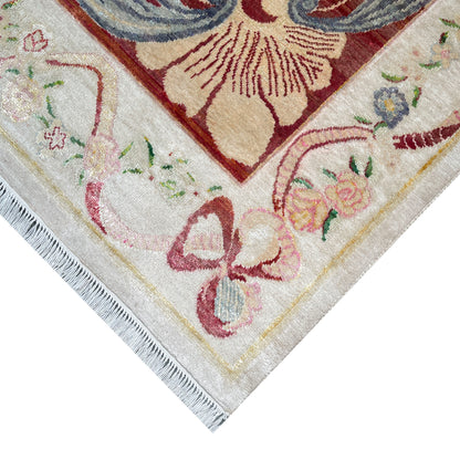 One of a Kind Ivory and Red Silk and Sari Silk Abusson Traditional Handknotted 9.0X11.9ft 275x359Cms Area Rug