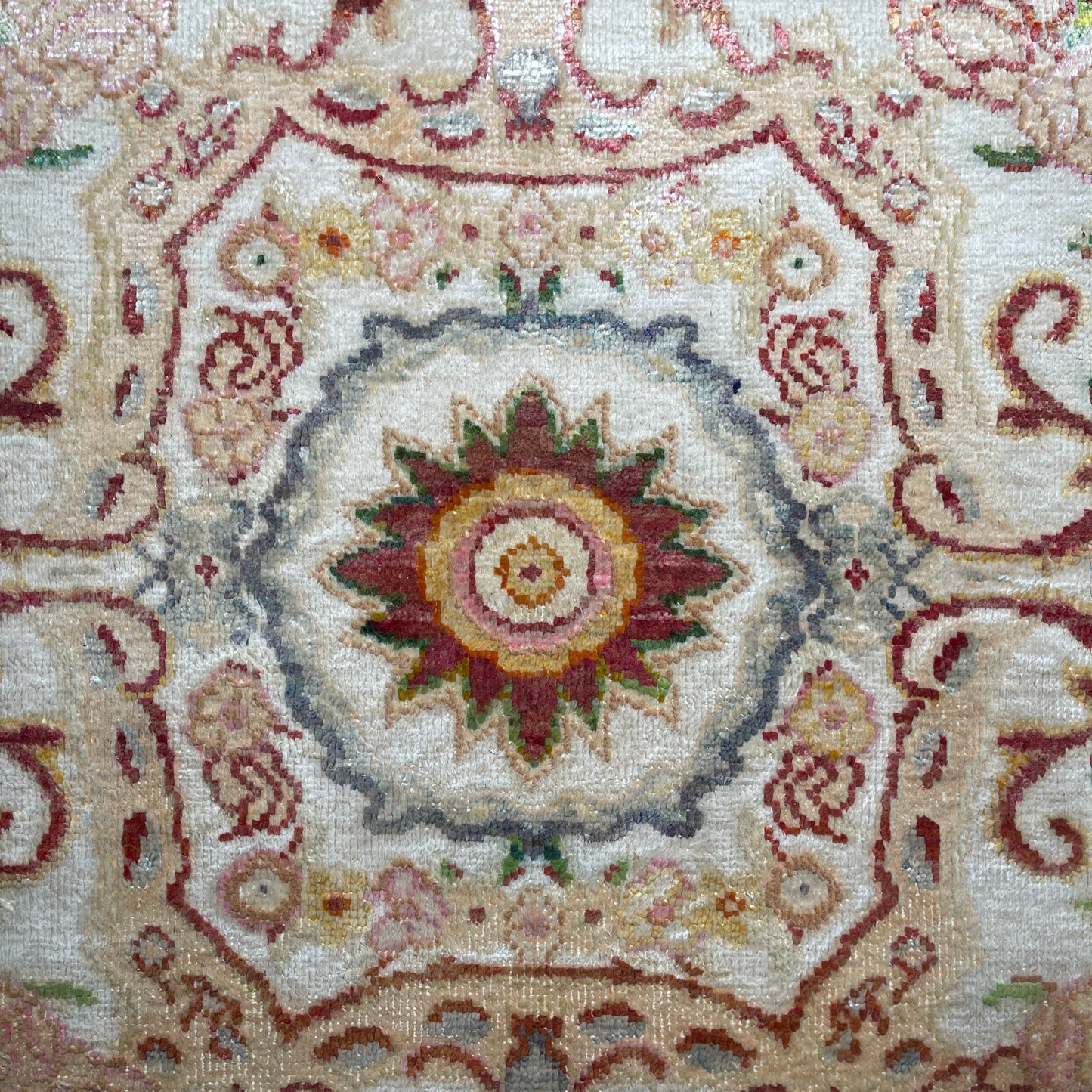 One of a Kind Ivory and Red Silk and Sari Silk Abusson Traditional Handknotted 9.0X11.9ft 275x359Cms Area Rug