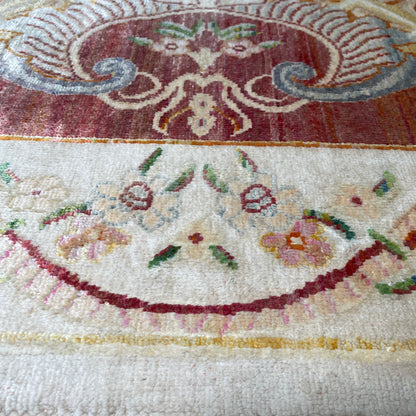 One of a Kind Ivory and Red Silk and Sari Silk Abusson Traditional Handknotted 9.0X11.9ft 275x359Cms Area Rug
