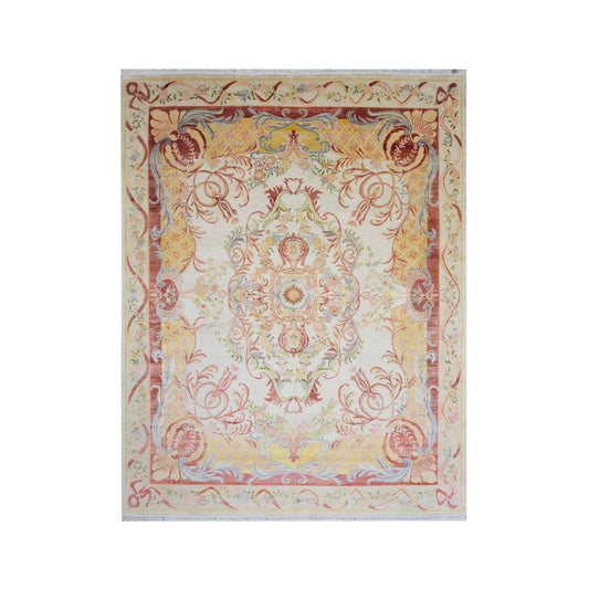 One of a Kind Ivory and Red Silk and Sari Silk Abusson Traditional Handknotted 9.0X11.9ft 275x359Cms Area Rug