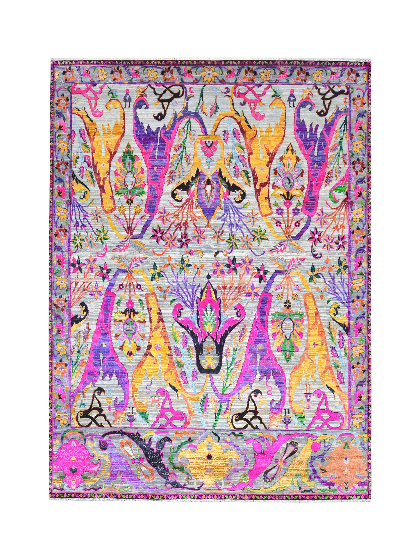 Grey and Pink, Sari Silk Oxidized Transitional Bidzar Handknotted 9.0x12.0ft 275x365Cms Area Rug