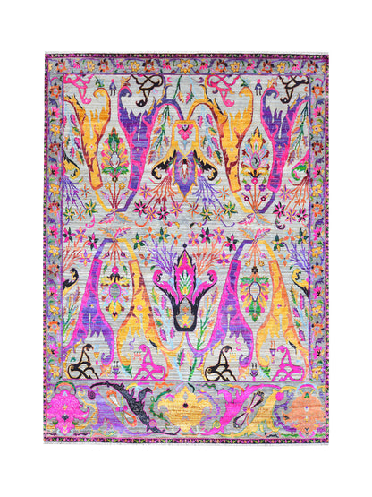 Grey and Pink, Sari Silk Oxidized Transitional Bidzar Handknotted 9.0x12.0ft 275x365Cms Area Rug