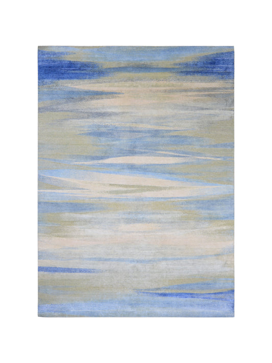 Grey and Blue, Blended Silk Wool Oxidized Modern Abstract Handknotted 8.11x12.4ft 272x375Cms Area Rug