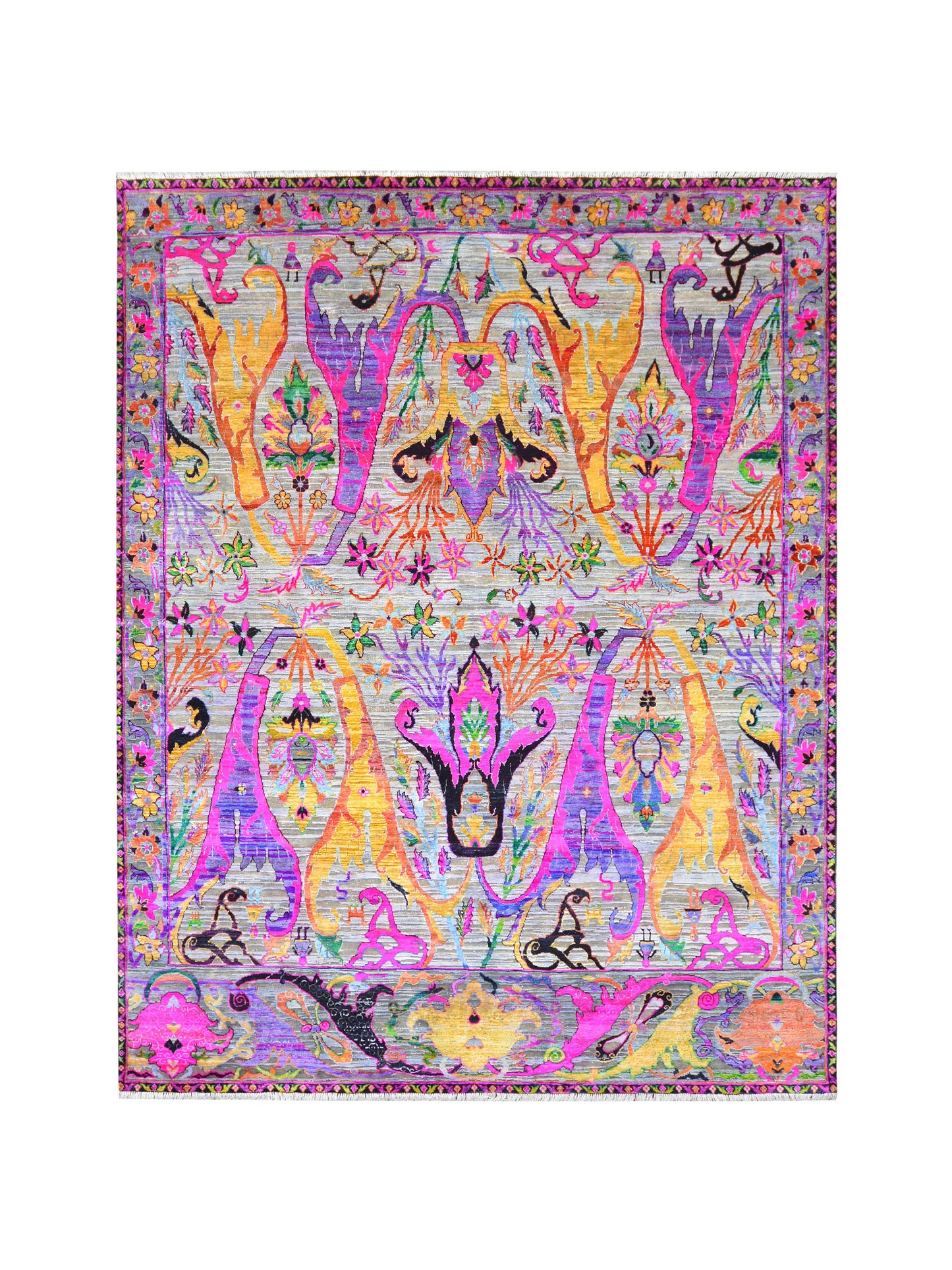 Grey and Pink, Sari Silk Oxidized Transitional Bidzar Handknotted 8.0x10.0ft 245x305Cms Area Rug