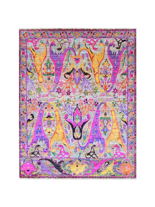 Grey and Pink, Sari Silk Oxidized Transitional Bidzar Handknotted 8.0x10.0ft 245x305Cms Area Rug