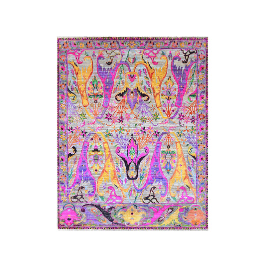 Grey and Pink, Sari Silk Oxidized Transitional Bidzar Handknotted 8.0x10.0ft 245x305Cms Area Rug