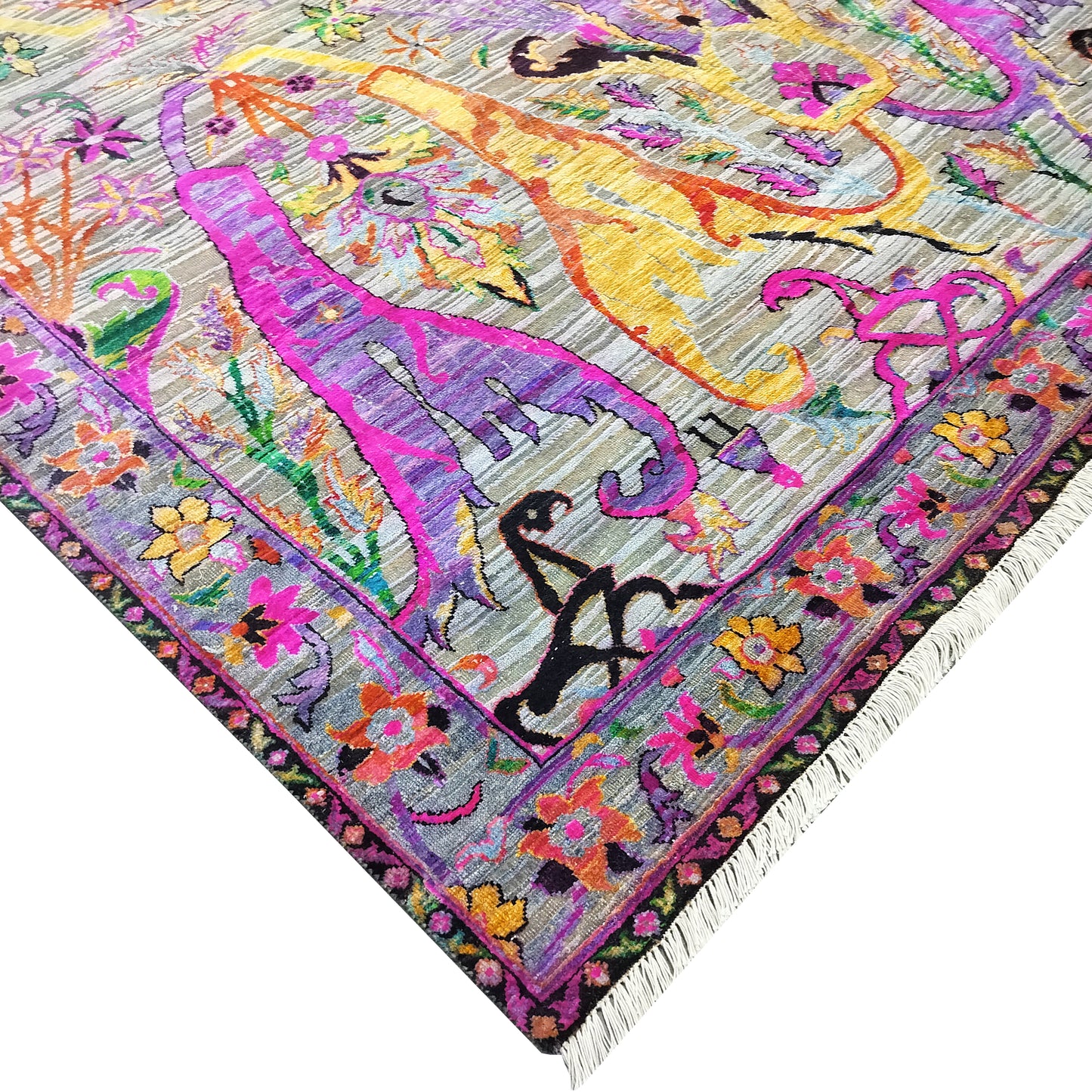 Grey and Pink, Sari Silk Oxidized Transitional Bidzar Handknotted 8.0x10.0ft 245x305Cms Area Rug