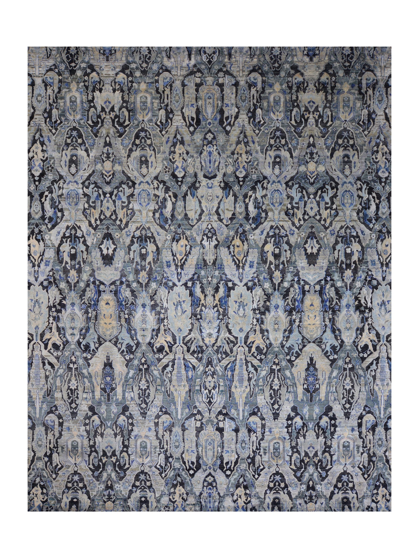 Black Grey, Silk Wool Oxidized Persian Transitional Handknotted 11.11x15.2Ft 364x463Cms Area Rug