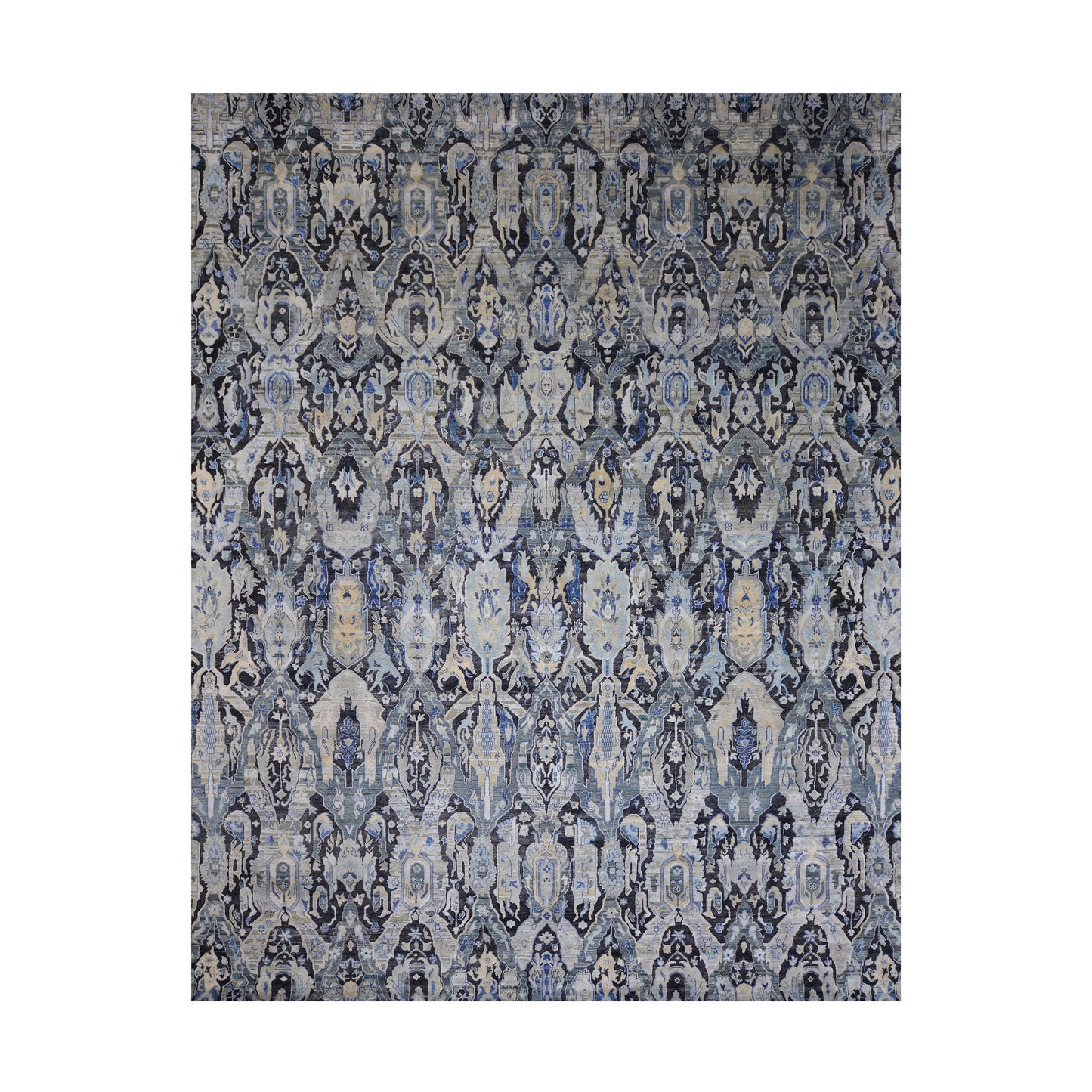 Black Grey, Silk Wool Oxidized Persian Transitional Handknotted 11.11x15.2Ft 364x463Cms Area Rug