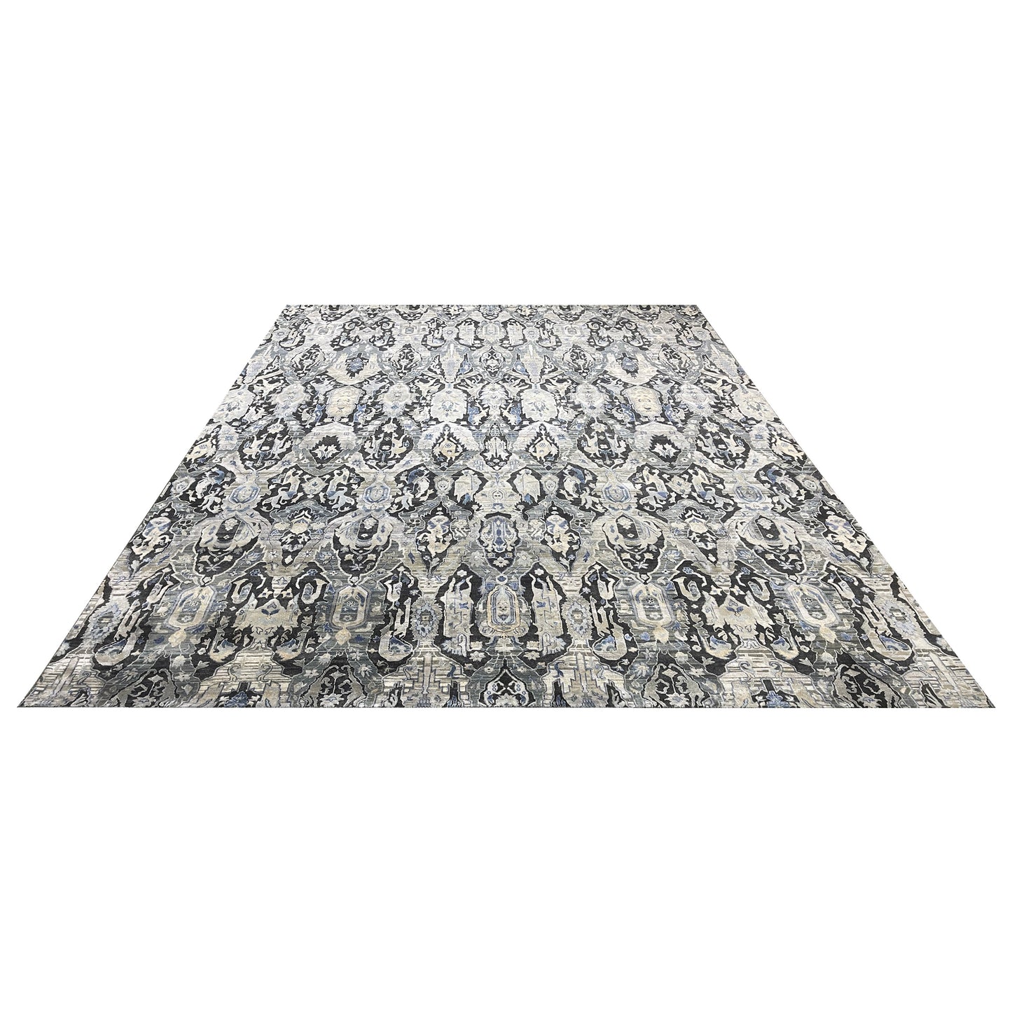 Black Grey, Silk Wool Oxidized Persian Transitional Handknotted 11.11x15.2Ft 364x463Cms Area Rug