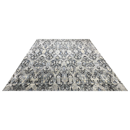 Black Grey, Silk Wool Oxidized Persian Transitional Handknotted 11.11x15.2Ft 364x463Cms Area Rug