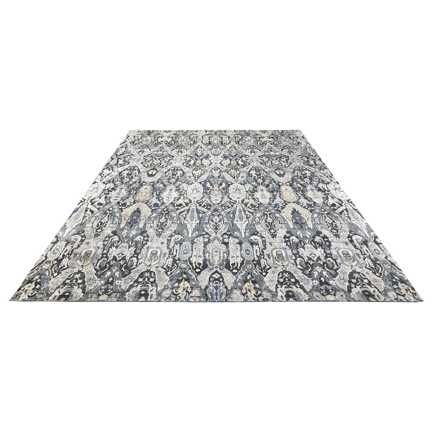 Black Grey, Silk Wool Oxidized Persian Transitional Handknotted 11.11x15.2Ft 364x463Cms Area Rug