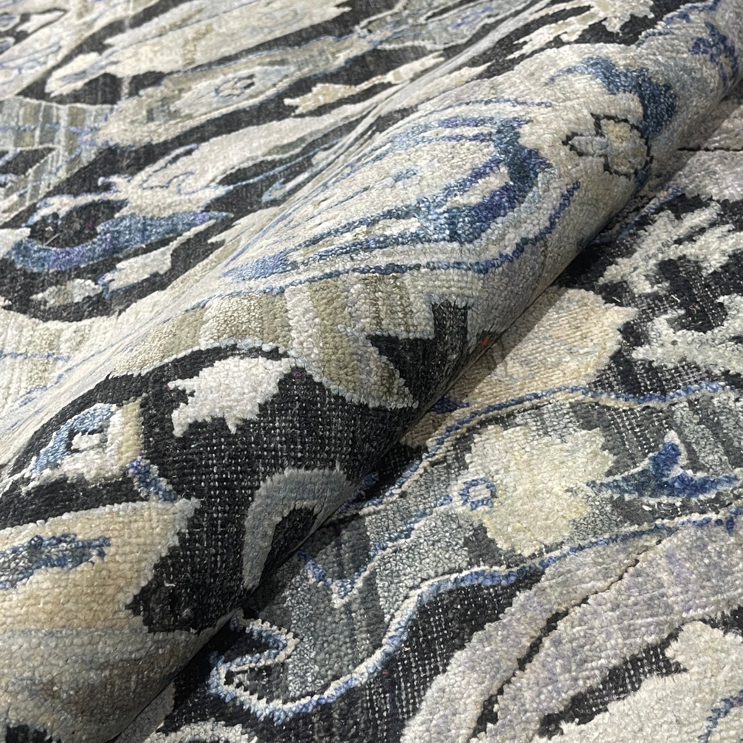 Black Grey, Silk Wool Oxidized Persian Transitional Handknotted 11.11x15.2Ft 364x463Cms Area Rug