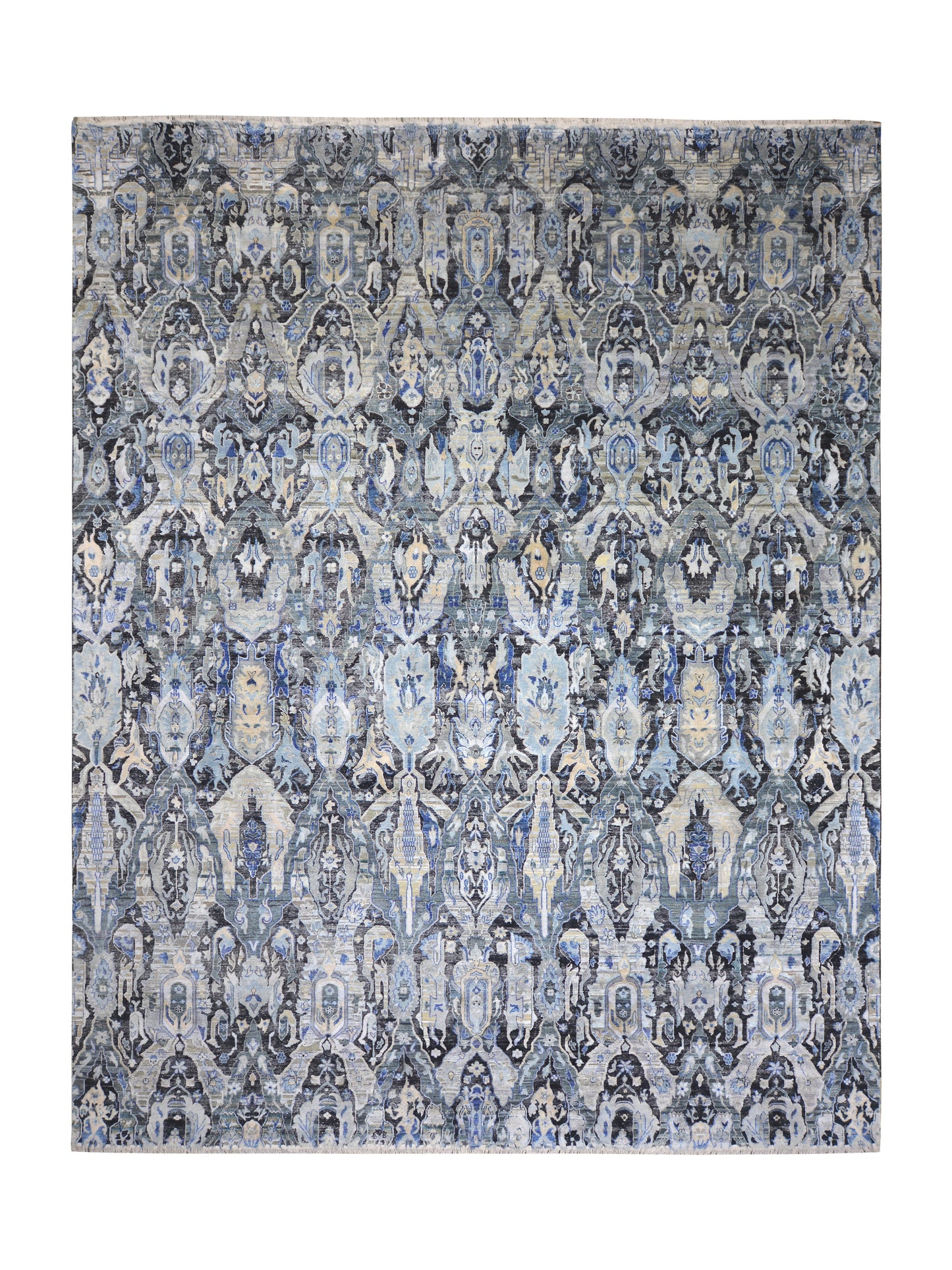 Black Grey, Silk Wool Oxidized Persian Transitional Handknotted 12.2x15.4Ft 370x467Cms Area Rug