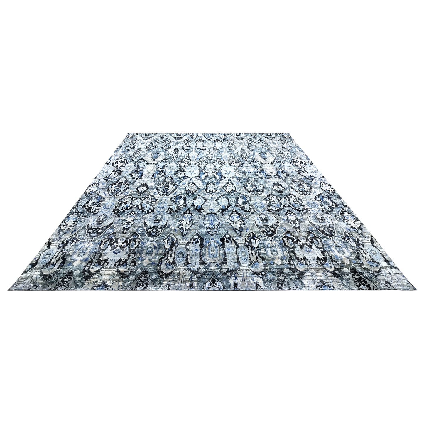 Black Grey, Silk Wool Oxidized Persian Transitional Handknotted 12.2x15.4Ft 370x467Cms Area Rug