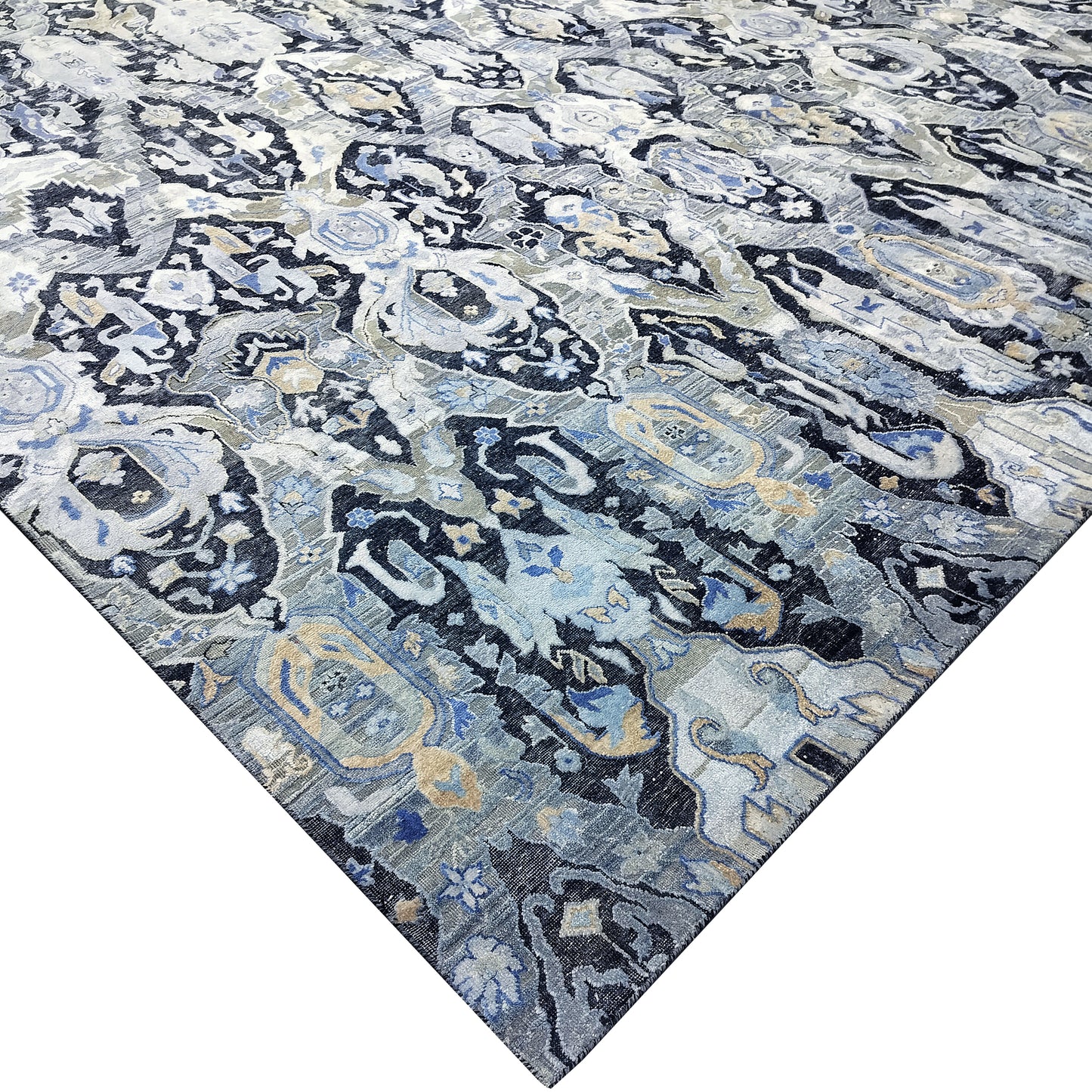 Black Grey, Silk Wool Oxidized Persian Transitional Handknotted 12.2x15.4Ft 370x467Cms Area Rug