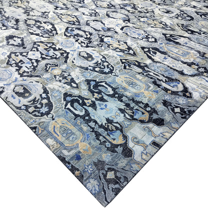 Black Grey, Silk Wool Oxidized Persian Transitional Handknotted 12.2x15.4Ft 370x467Cms Area Rug