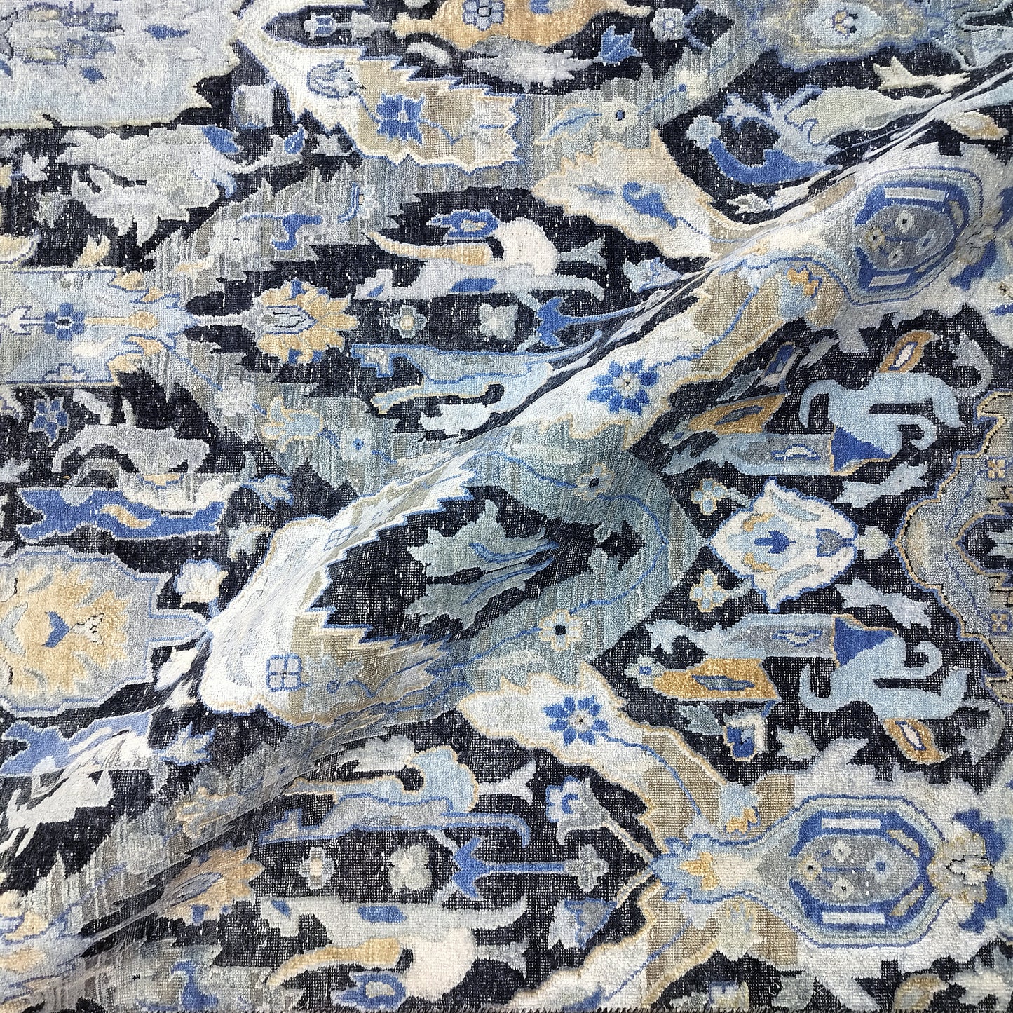 Black Grey, Silk Wool Oxidized Persian Transitional Handknotted 12.2x15.4Ft 370x467Cms Area Rug