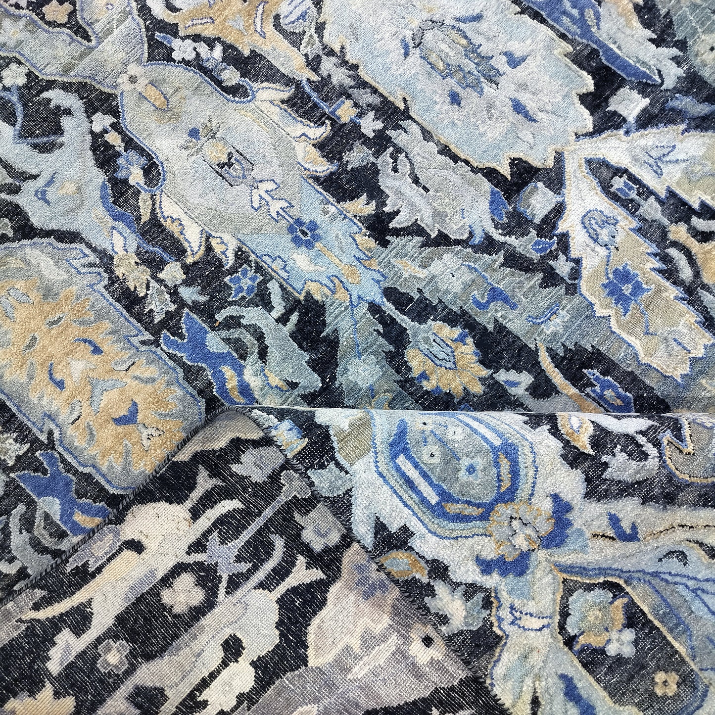 Black Grey, Silk Wool Oxidized Persian Transitional Handknotted 12.2x15.4Ft 370x467Cms Area Rug