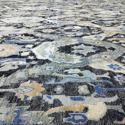 Black Grey, Silk Wool Oxidized Persian Transitional Handknotted 12.2x15.4Ft 370x467Cms Area Rug