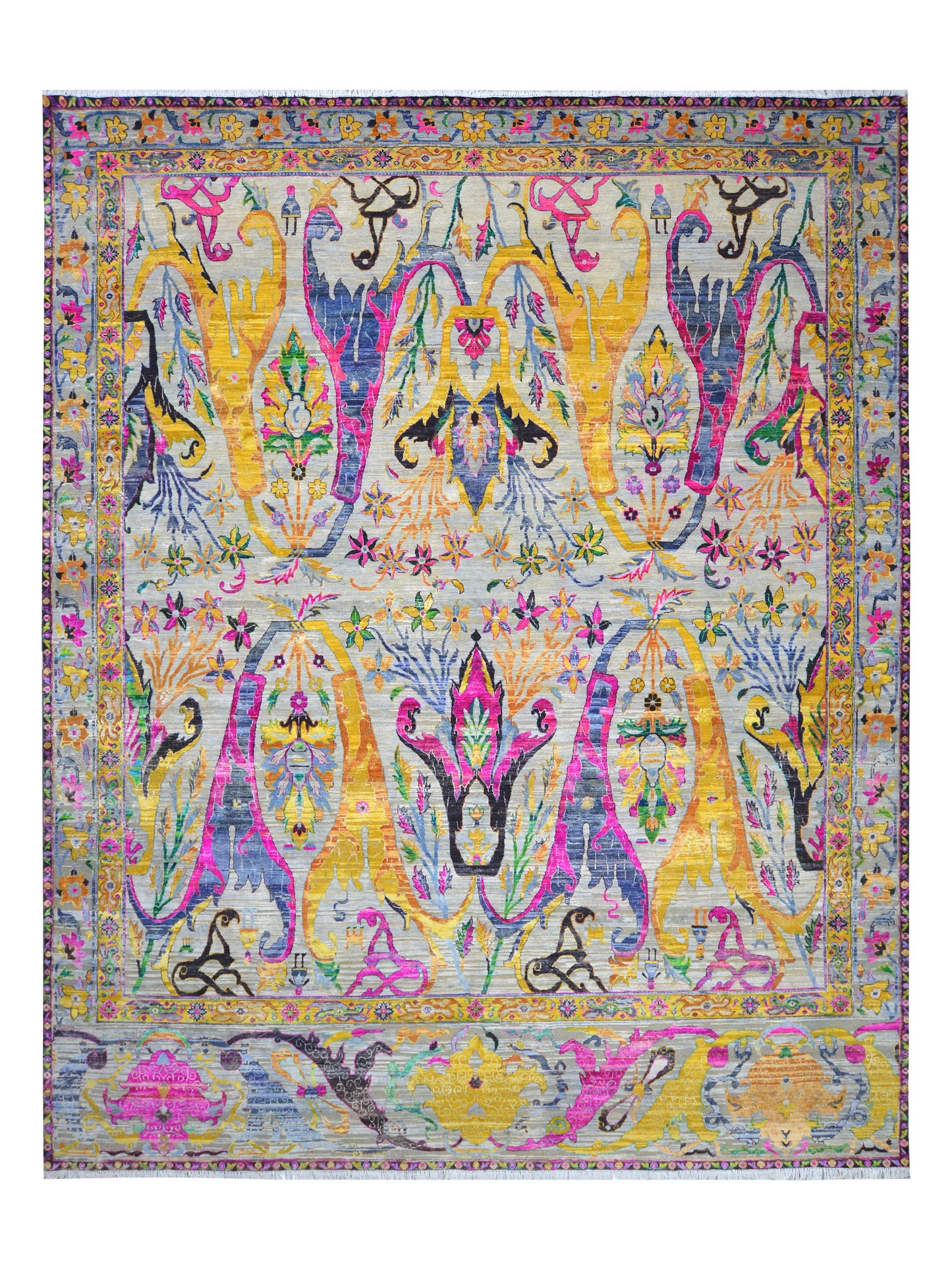 Grey and Gold, Sari Silk Oxidized Transitional Bidzar Handknotted 12.1x15.0ft 367x458Cms Area Rug