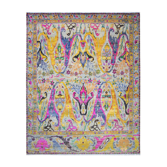 Grey and Gold, Sari Silk Wool Oxidized Transitional Bidzar Handknotted 12.1x15.0ft 367x458Cms Area Rug