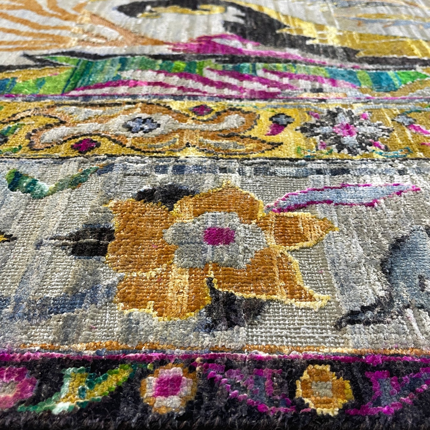 Grey and Gold, Sari Silk Oxidized Transitional Bidzar Handknotted 12.1x15.0ft 367x458Cms Area Rug