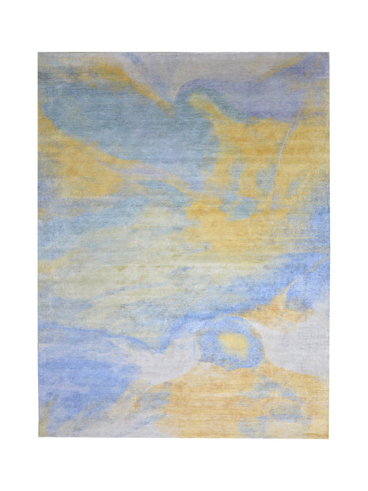 Gold and Blue, Pure Silk Modern Abstract Handknotted 9.11x11.11ft 257x365Cms Area Rug