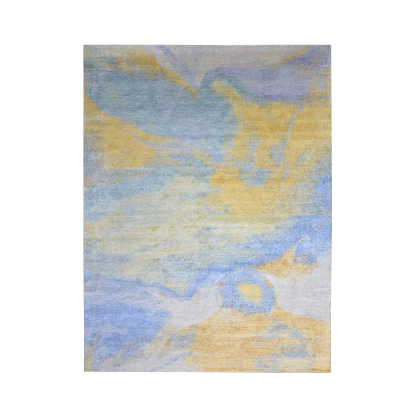 Gold and Blue, Pure Silk Modern Abstract Handknotted 9.11x11.11ft 257x365Cms Area Rug