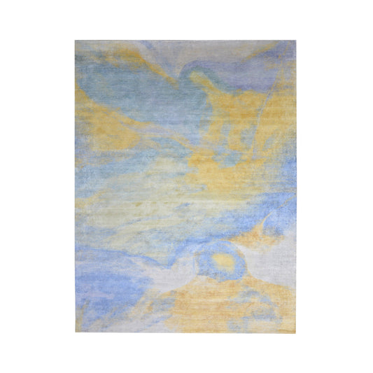 Gold and Blue, Pure Silk Modern Abstract Handknotted 9.11x11.11ft 257x365Cms Area Rug