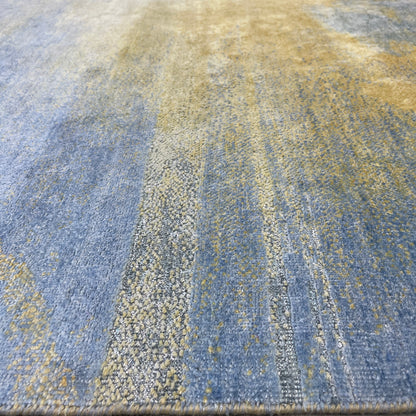Gold and Blue, Pure Silk Modern Abstract Handknotted 9.11x11.11ft 257x365Cms Area Rug