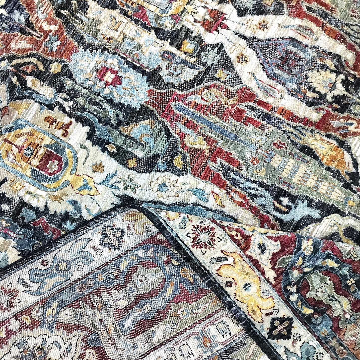 Multy Black Sari Silk Silk Wool Oxidized Bidzar Transitional Handknotted 10.0x14.2ft 305x432cms Area Rug