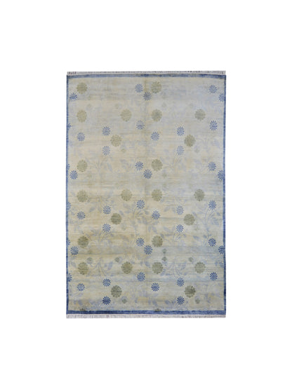 Ivory and Blue Pure Silk Modern Handknotted Area Rug 5.9x8.9ft 174X266Cms