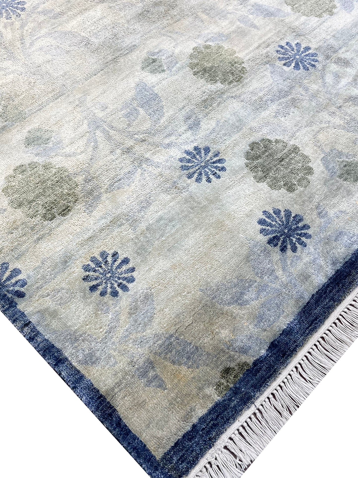 Ivory and Blue Pure Silk Modern Handknotted Area Rug 5.9x8.9ft 174X266Cms