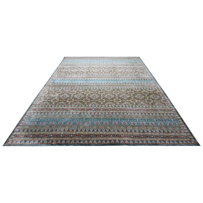 Blue, Grey Pure Silk Transitional Geometrical Handknotted Area Rug