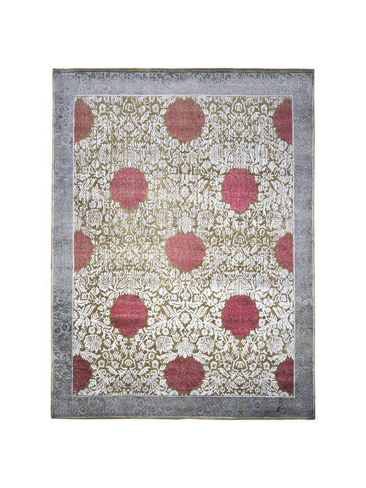 Rose Brown, Grey, Ivory and Red Damask Transitional Handknotted Area Rug