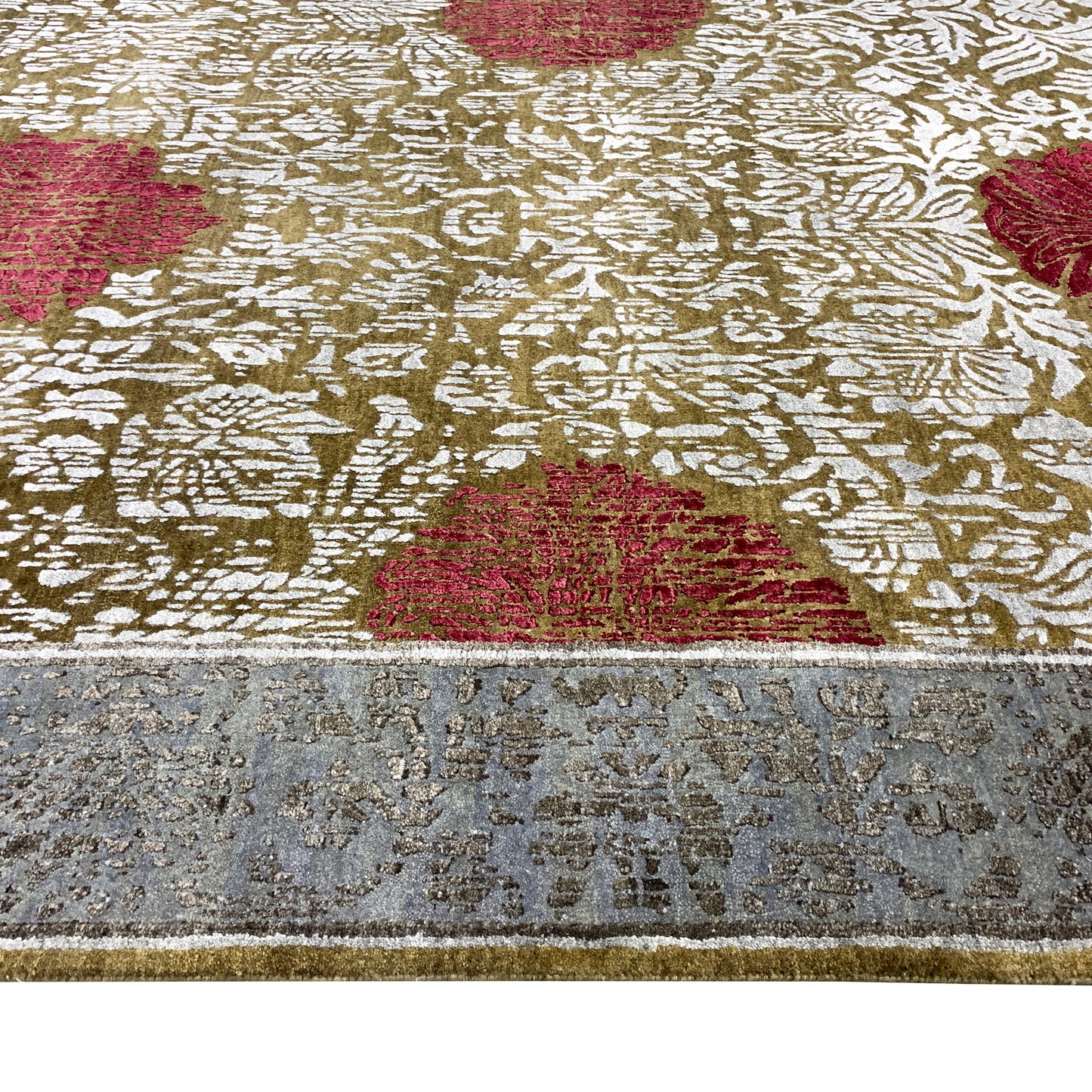 Rose Brown, Grey, Ivory and Red Damask Transitional Handknotted Area Rug