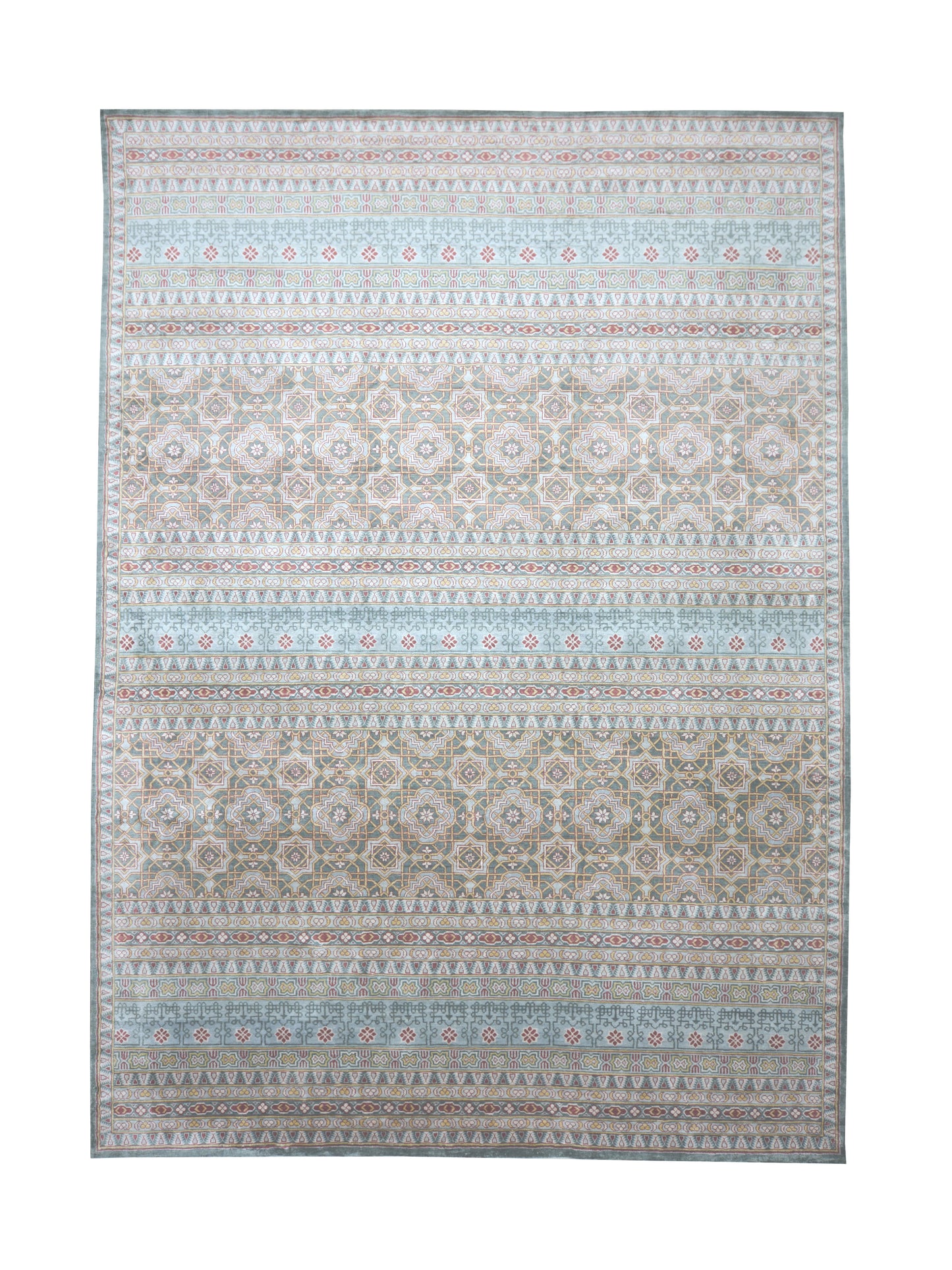 Blue Grey, Pure Silk Geometrical Transitional Handknotted 8.8x12.1Ft 264x368Cms Area Rug