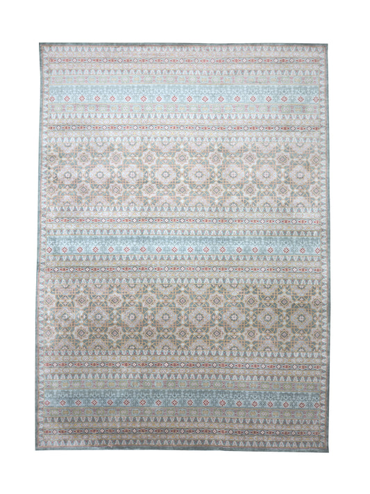 Blue Grey, Pure Silk Geometrical Transitional Handknotted 8.8x12.1Ft 264x368Cms Area Rug