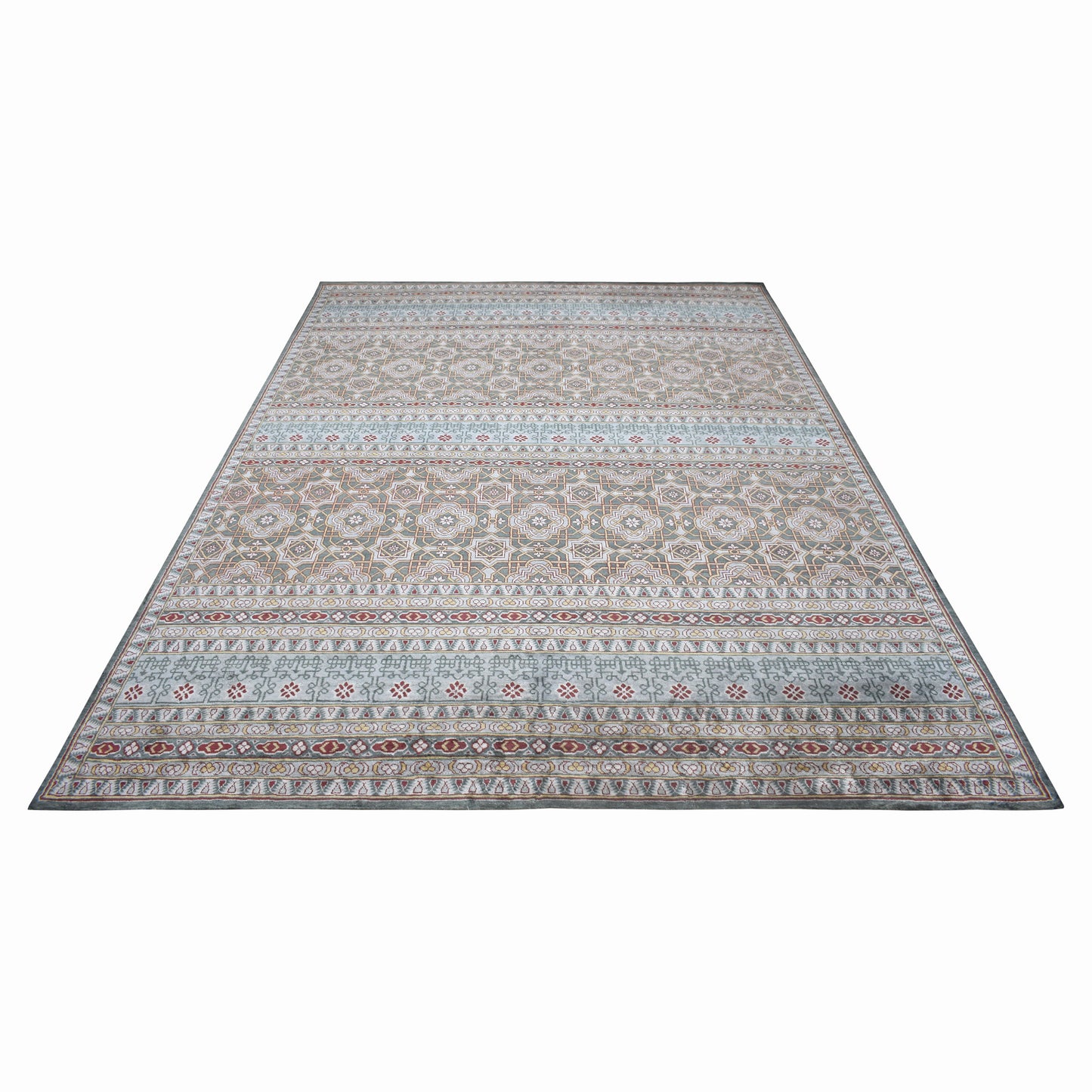 Blue Grey, Pure Silk Geometrical Transitional Handknotted 8.8x12.1Ft 264x368Cms Area Rug