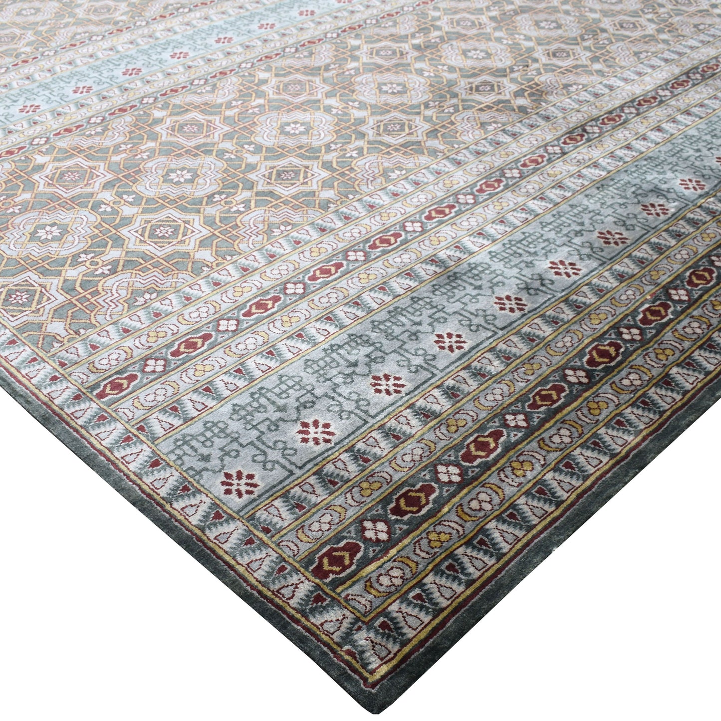 Blue Grey, Pure Silk Geometrical Transitional Handknotted 8.8x12.1Ft 264x368Cms Area Rug