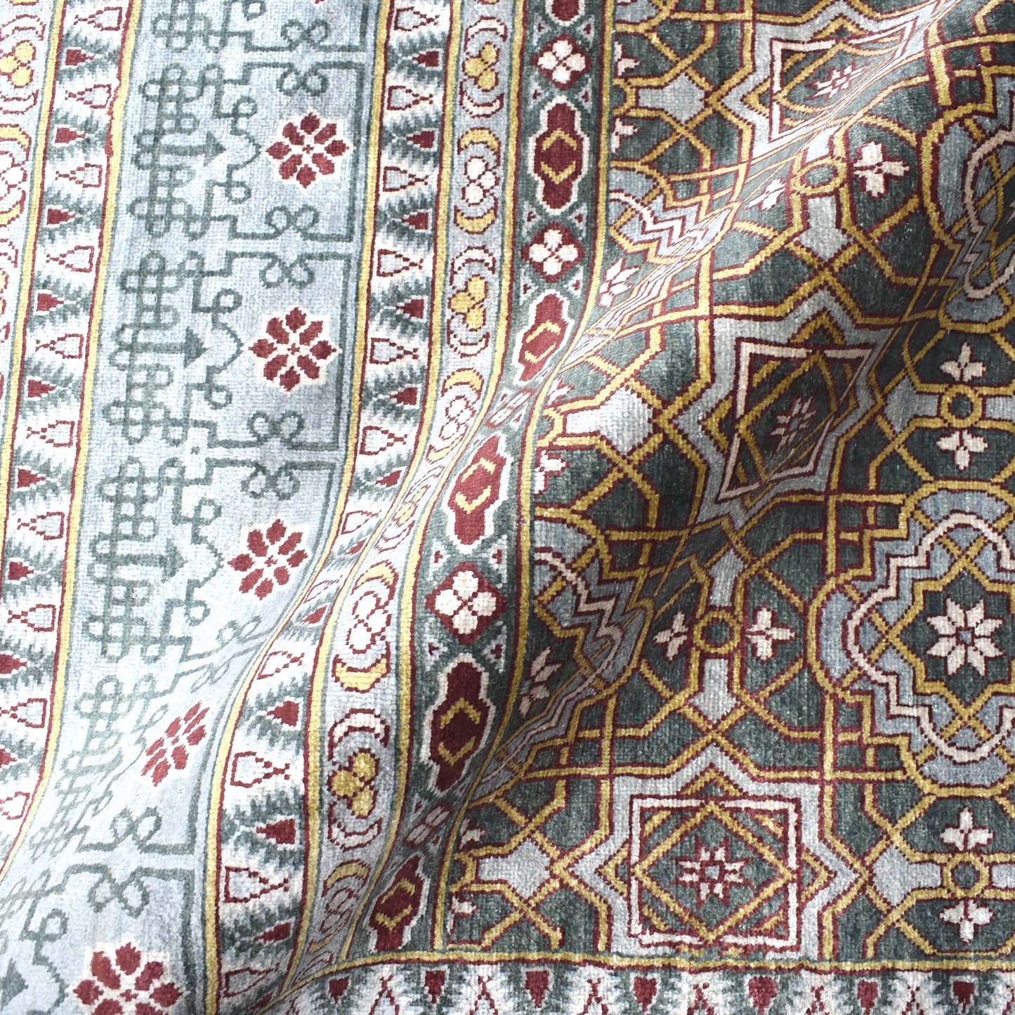 Blue Grey, Pure Silk Geometrical Transitional Handknotted 8.8x12.1Ft 264x368Cms Area Rug